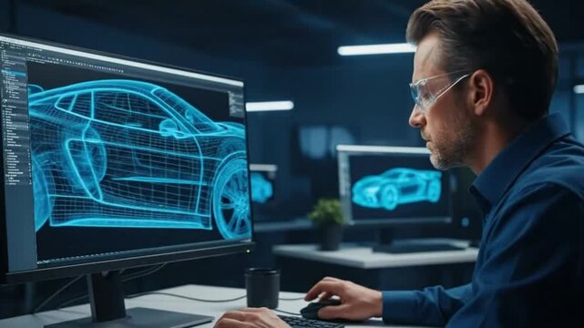 A man works on a car design on a computer with wireframe model, showcasing engineering, automotive design, virtual prototype, and technological advancement