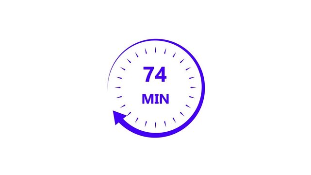 Clock icon 74 minute purple color animation. Stopwatch in flat style 74 minute on white background.