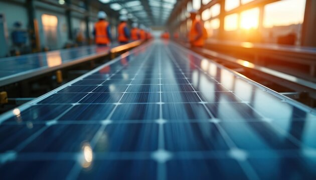Solar panels at modern factory. Workers oversee production line in background. Sustainable energy concept. Solar cell manufacturing at plant. Green tech industry. Renewable energy source for eco