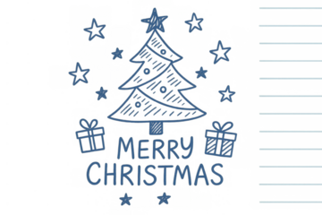 Christmas doodle art with festive tree, stars, gifts, and merry christmas message on transparent background