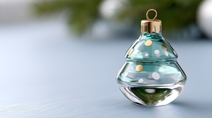 Transparent glass Christmas tree ornament with colorful dots on a soft blue background