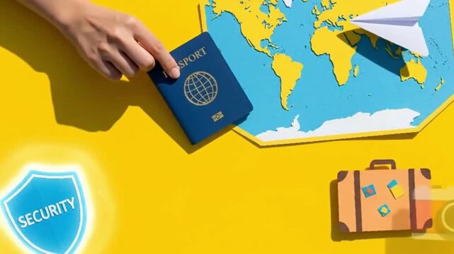 Animation with hand, passport, map, paper plane, security shield, camera and suitcase on yellow background, representing travel, protection and documentation