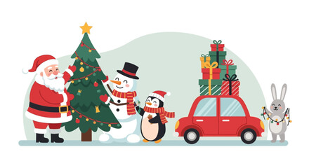 Naklejka premium Collection of Christmas and winter holiday outline icons. A set of festive linear symbols for graphic design, including Santa, reindeer, and snowflakes