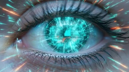 Close-up of a human eye with digital interface reflected, showing data. Representative of artificial intelligence, technology, futuristic vision, data analysis. - Powered by Adobe