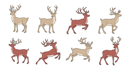 Vector illustration set of stylized deer characters in different action poses. Wildlife animal sprites for animation and design projects