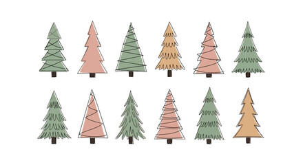 Obraz premium A charming collection of hand-drawn minimalist Christmas tree illustrations. Set of simple winter holiday pine doodles for festive design