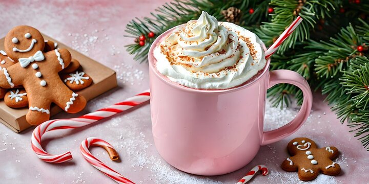 Cozy Christmas still life with pink mug of hot cocoa topped with whipped cream, candy canes, and gingerbread cookies on pink background. - Powered by Adobe