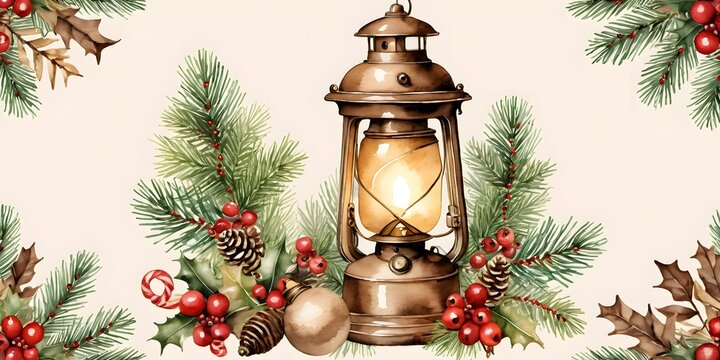 Watercolor Christmas illustration with retro lantern surrounded by pine branches, holly leaves, red berries, and pinecones