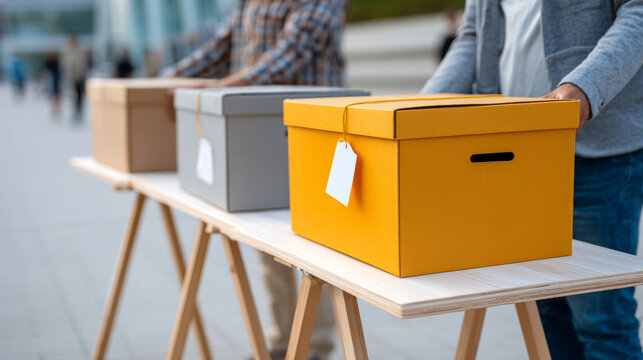 People holding colorful cardboard storage boxes with tags on a wooden table outdoors in an urban environment - Powered by Adobe
