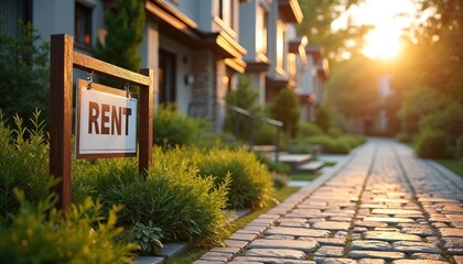Naklejka premium Stone paved walkway leads towards modern suburban residences with a rent sign in the front. Sunlight shines, enhancing residential housing, home exterior. Real estate property available for rent.