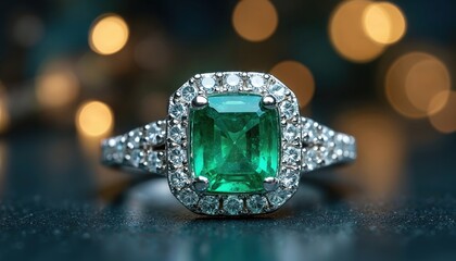 Dramatic close-up of emerald ring with diamond halo. Luxurious sparkle highlights intricate design, brilliant green stone. Soft bokeh background creates elegant mood. Ideal for jewelry advertising
