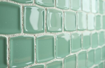 Close-up of a wall with glossy green ceramic tiles arranged in a grid pattern