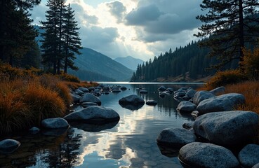 Serene mountain lake scene with rocky shoreline and tall pine trees under cloudy sky