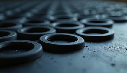 Rows of black rubber rings arranged on dark surface. Small water droplets dot smooth material. Industrial components ready for use in manufacturing assembly processes. Precision parts in clean