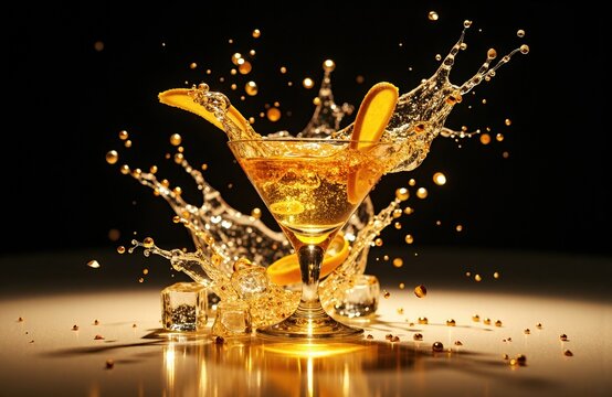 A cocktail glass filled with golden liquid and orange slices splashes dynamically against a dark background