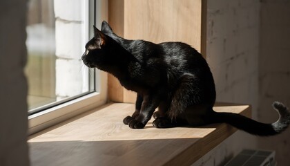 A curious black domestic cat sits on a sunny wooden windowsill, looking thoughtfully towards the outside world