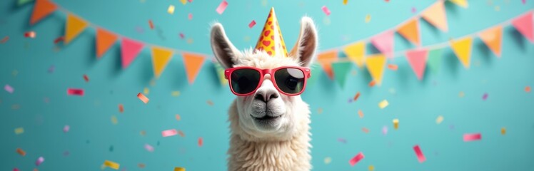 Llama wearing sunglasses, party hat celebrates with confetti. Bunting hangs in background. Funny animal character enjoys birthday. Cheerful colourful illustration ideal for fun kids party design