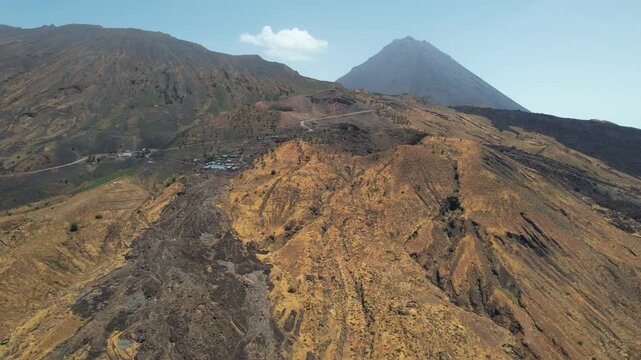 CAPE VERDE - 9.4.2025 - Incredible aerial panorama of a road leading up to Cape Verde's Pico do Fogo.