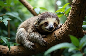 Obraz premium Cute young sloth hanging on tree branch in lush green jungle environment