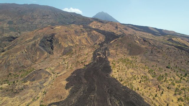 CAPE VERDE - 9.4.2025 - Excellent aerial footage following the lava flow of volcanic soil up to Cape Verde's Pico do Fogo.