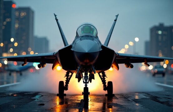 Fighter jet aircraft preparing for takeoff on an urban runway at sunset