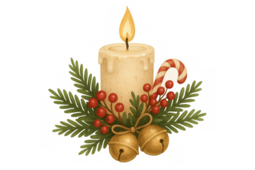 Christmas candle with pine branches, red berries, candy cane, and jingle bells, symbolizing festive winter holidays
