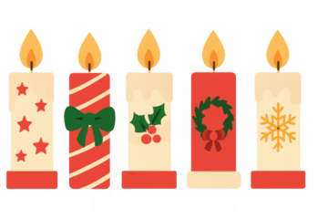 Christmas candles set celebrating winter holidays with festive decoration and burning flames, transparent background