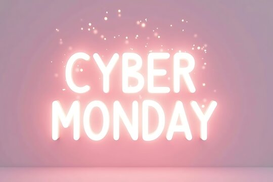 Glowing cyber monday neon sign with sparkling confetti on a soft pink background