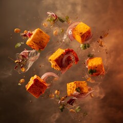 Delicious and flavorful paneer tikka masala cubes with onions and herbs floating in the air shot