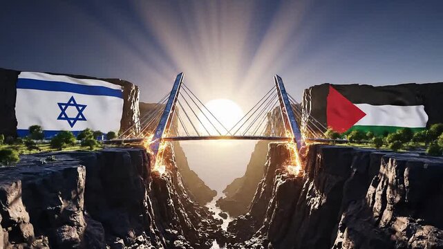 a bridge is built over an abyss between cliffs with the flags of israel and palestine at sunset