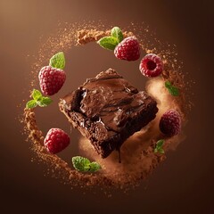 Delicious chocolate brownie with raspberries and mint leaves for dessert photography recipe ideas