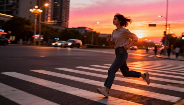 Young Asian woman running across a city crosswalk at sunset. Active female exercising in an urban environment during golden hour. Healthy lifestyle and fitness concept - Powered by Adobe