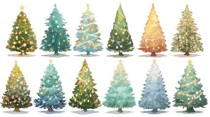 Artistic set of Christmas tree illustrations with colorful decorations and sparkling lights isolated on white background