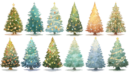 Artistic set of Christmas tree illustrations with colorful decorations and sparkling lights isolated on white background