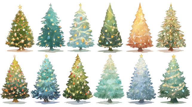 Artistic set of Christmas tree illustrations with colorful decorations and sparkling lights isolated on white background