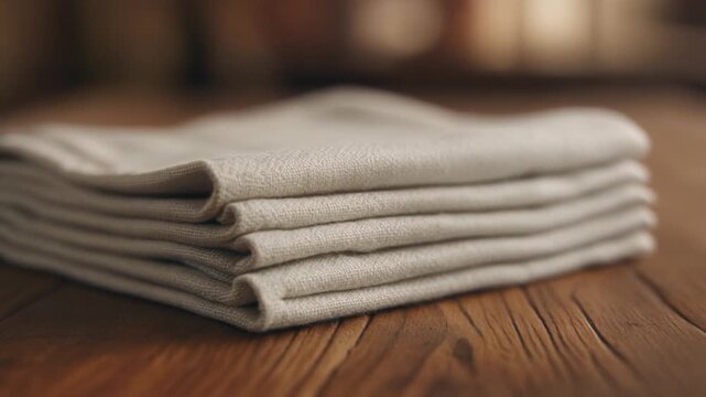 Stacked natural linen napkins on rustic wooden surface