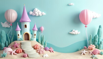 Underwater fairy tale castle with pastel balloons and sea life decor. Sandy seabed with pink starfish, shells, and coral under bright teal sky with clouds. Perfect for children party invitations.