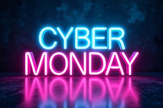 Bright neon cyber monday sale sign glowing in the dark - Powered by Adobe