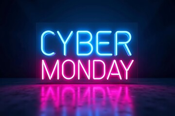 Vibrant neon cyber monday sign illuminates dark background with reflection