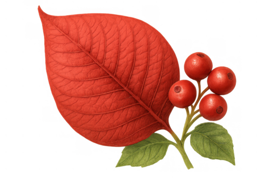 Christmas poinsettia leaf and holly berries illustration for festive season, traditional botanic element on transparent background