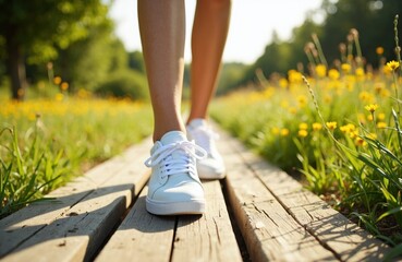 Woman walking outdoors on wooden path surrounded by yellow flowers and greenery