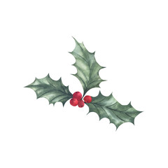 Christmas holly with green leaves and red berries. Hand-painted watercolor illustration. Isolated on a white background. For invitational and greeting cards, scrapbooking, posters, prints.