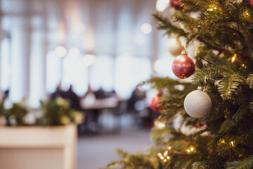 A decorated Christmas tree is adorned with red and silver baubles and warm white lights, prominently positioned in an office setting.