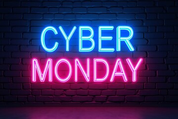 Obraz premium Bright neon sign displays cyber monday text against a dark brick wall
