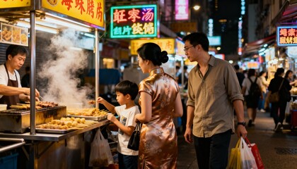 Asian family buying skewers at a street food stall in a bustling night market. Parents and son enjoying local cuisine and culture while traveling in Asia