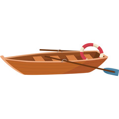 Wooden rowboat with oars and life preserver on a transparent background simple illustration