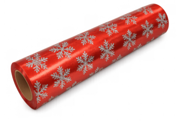 Christmas gift wrap paper roll featuring red metallic snowflake pattern for holiday presents, transparent background