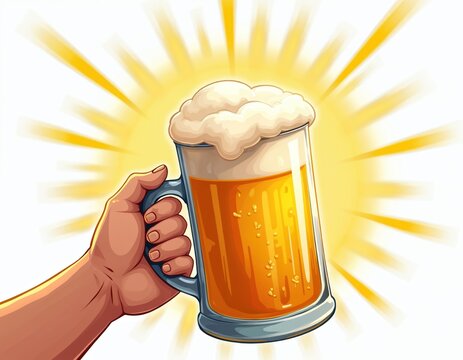 Hand holding big mug of cold light beer with foamy head. Person makes toast with glass of amber lager. Refreshing alcoholic drink for fun summer party festival celebration. Cheers gesture cartoon
