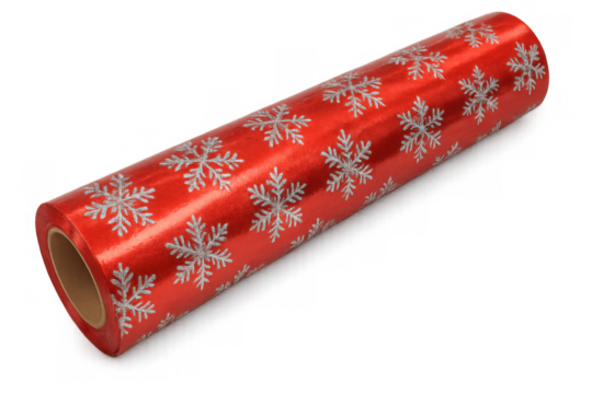 Christmas gift wrap paper roll featuring red metallic snowflake pattern for holiday presents, transparent background