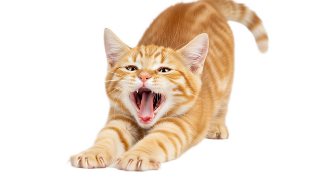 Orange tabby cat stretching with mouth open on black background in a studio setting indoors